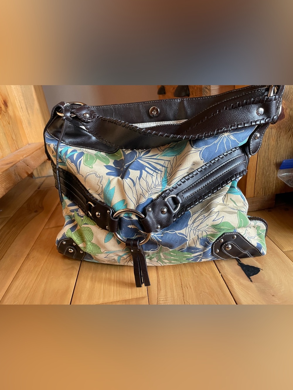 a.n.a Floral Canvas Shoulder Bag with Dark Brown Leather Trim